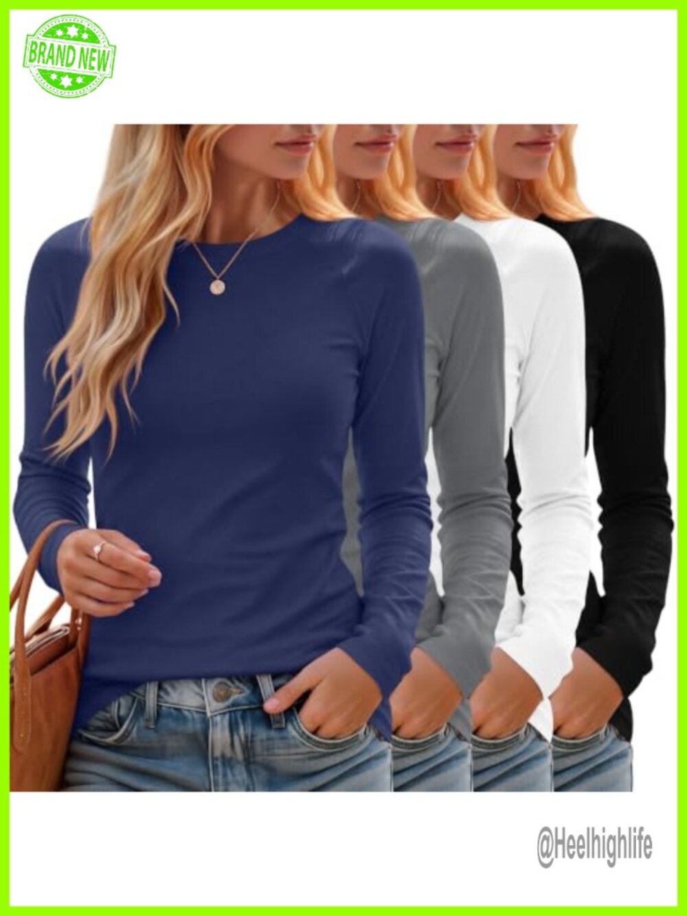 Women's Cotton Blend Long Sleeve Crew Neck Slim Fit Tops 4 Pack